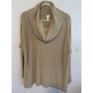 Chico's Sweater Cowl Neck Side Slits Tunic Tan/Oatmeal Long Dolman Sleeve Size 2